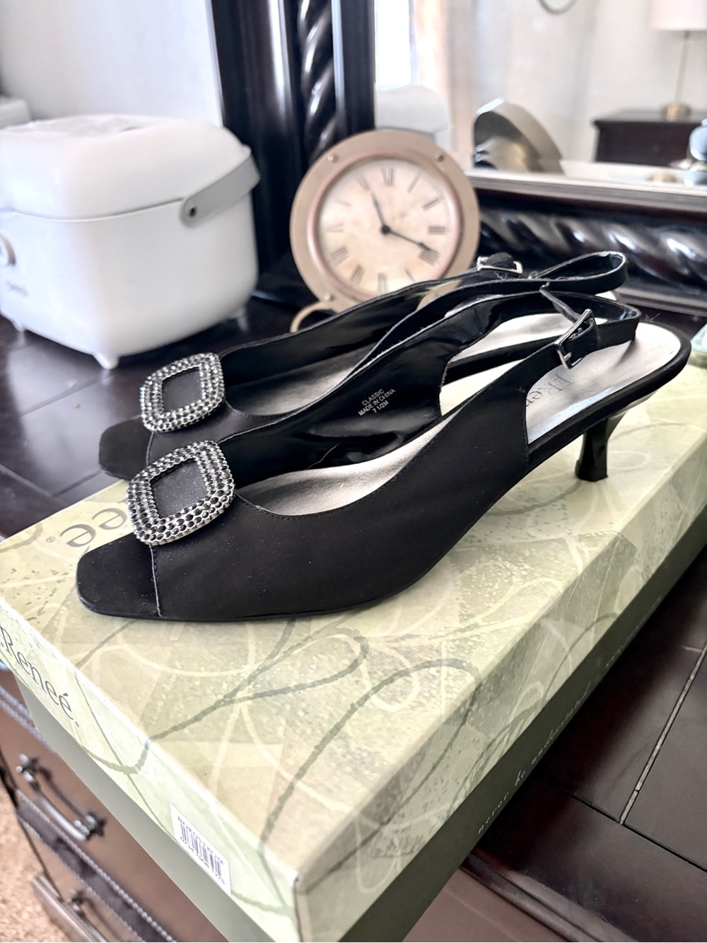 J.Renee Black Slingback Kitten Heels with Rhinestone Buckles